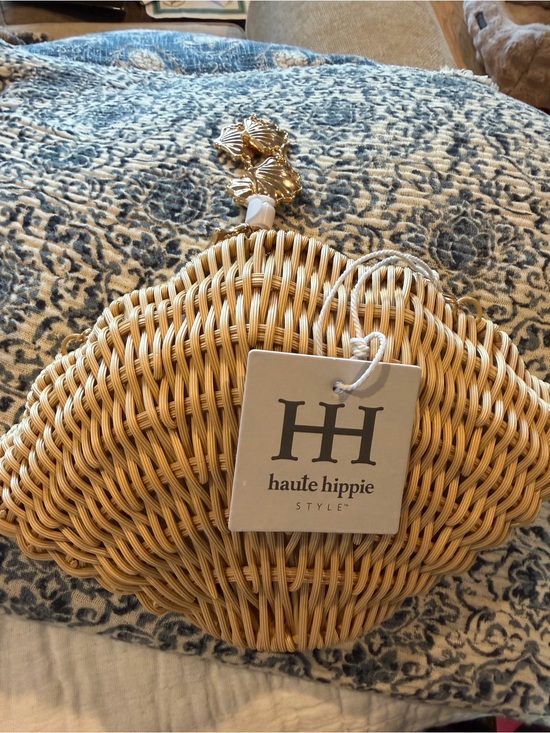 Haute Hippie Handbags - Haute Hippie Natural Rattan Woven Clutch with Gold Chain Detail